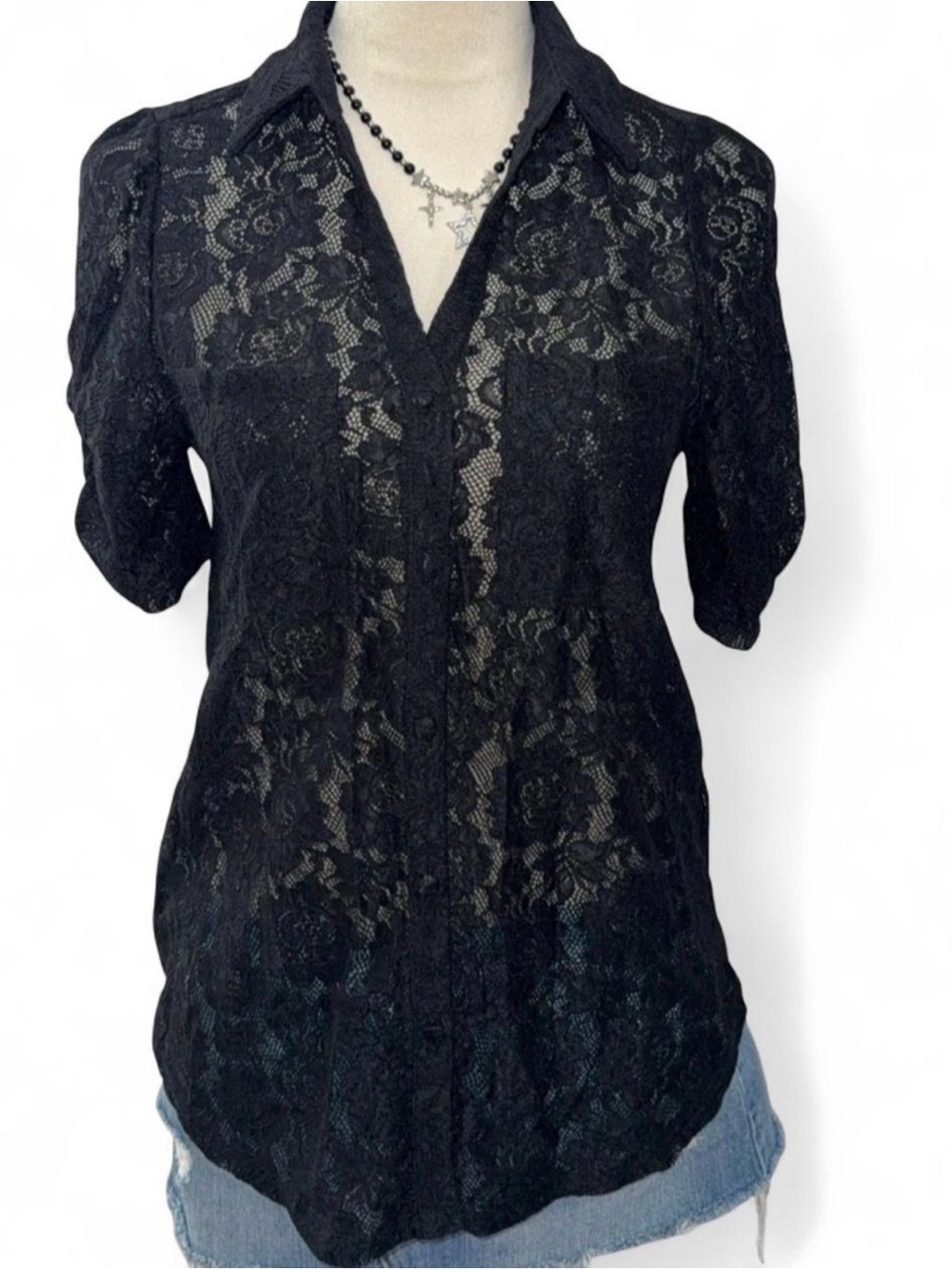 Sheer Black Lace Button-Front Blouse